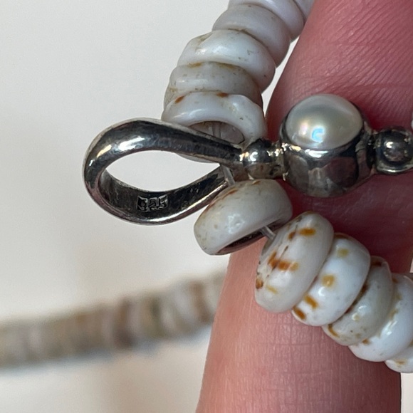 VINTAGE SHELL HEISHI Beads sterling silver flower Pendant NECKLACE vintage pearl - Picture 12 of 16